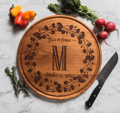 Personalized Cutting Board, Monogrammed, Flower Wreath, 5th Anniversary Gift by Well Written Gifts