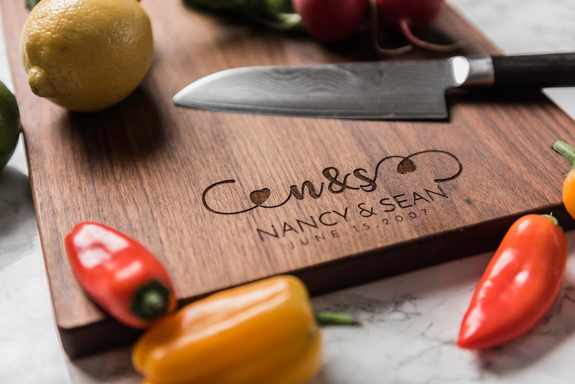 Personalized Charcuterie Board with Names, Date and Hearts - by Well Written Gifts