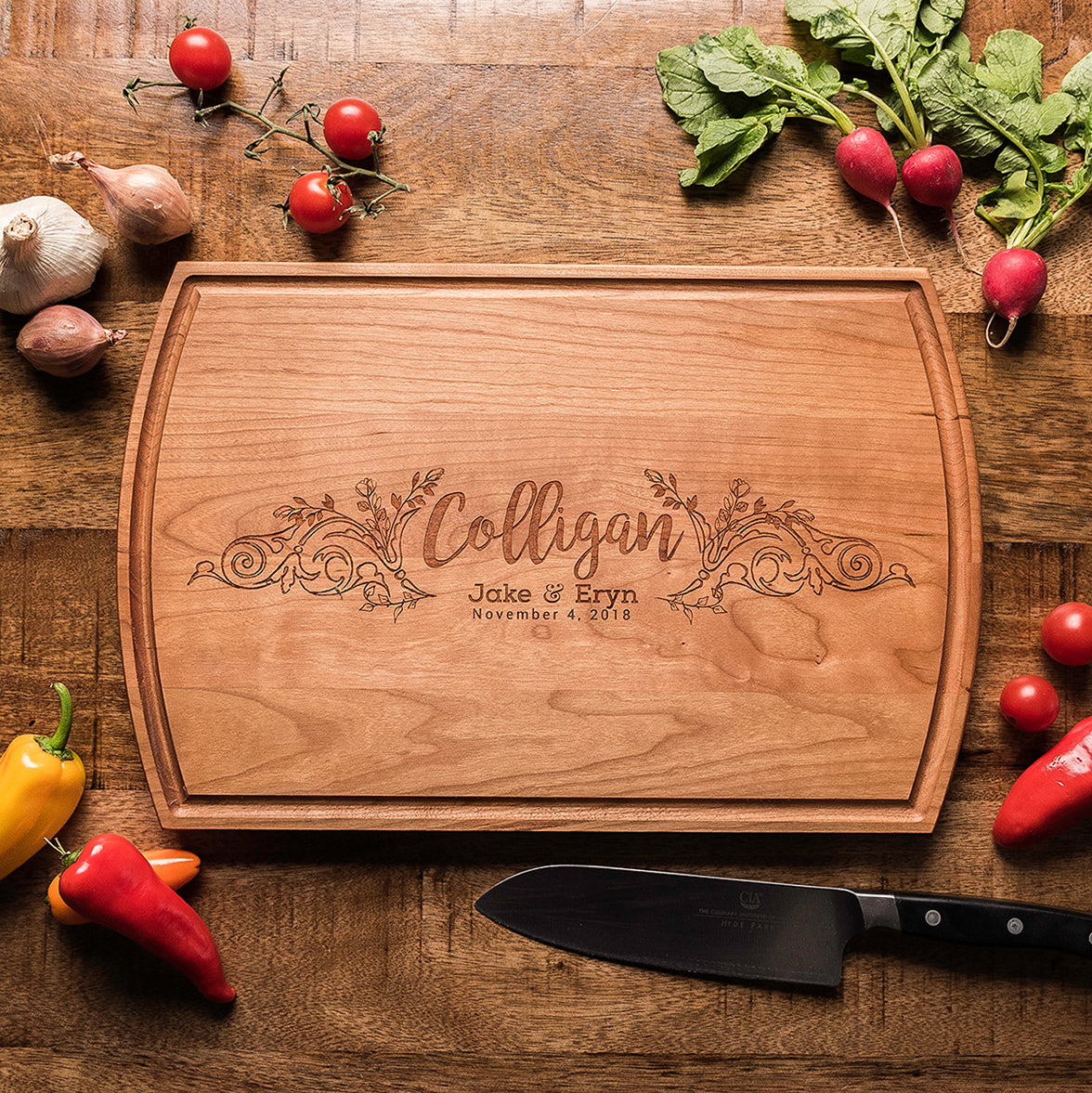 Personalized Cutting Board with Family Name Framed in Flowers