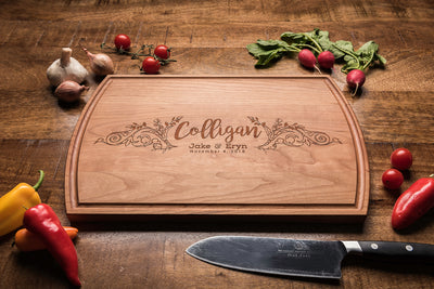 Personalized Cutting Board with Family Name Framed in Flowers