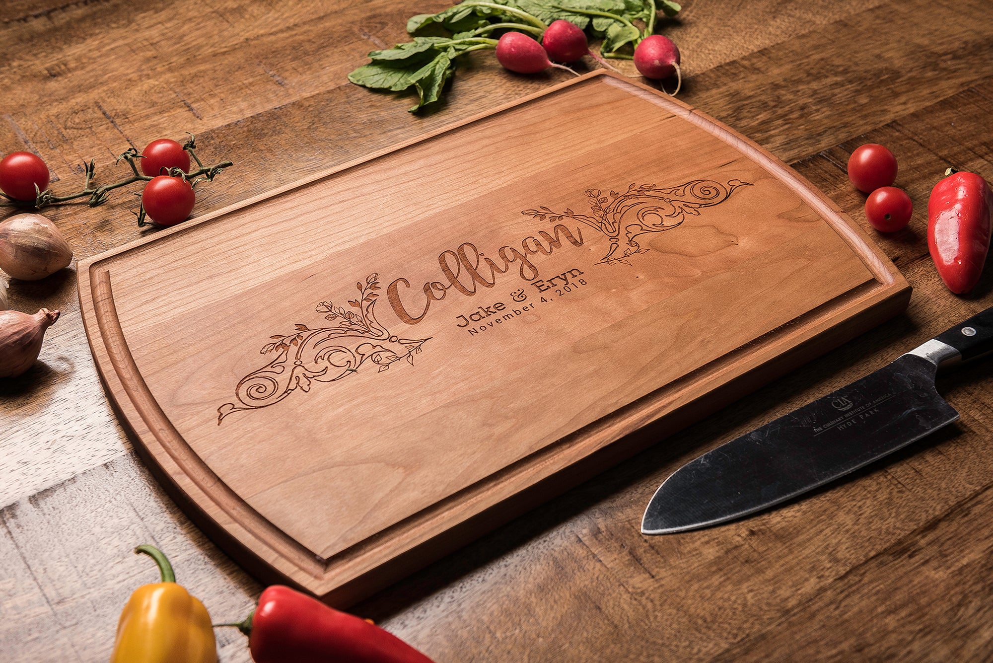Personalized Cutting Board with Family Name Framed in Flowers