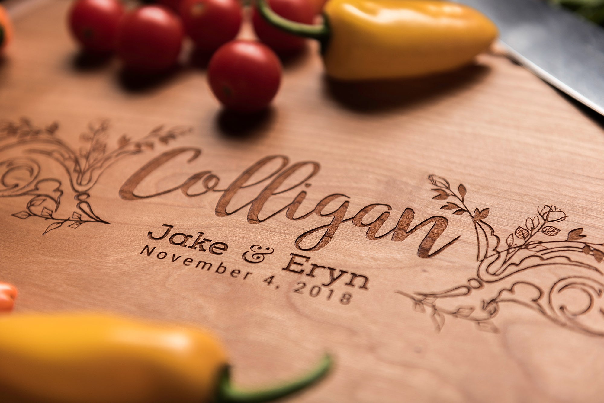 Personalized Cutting Board with Family Name Framed in Flowers