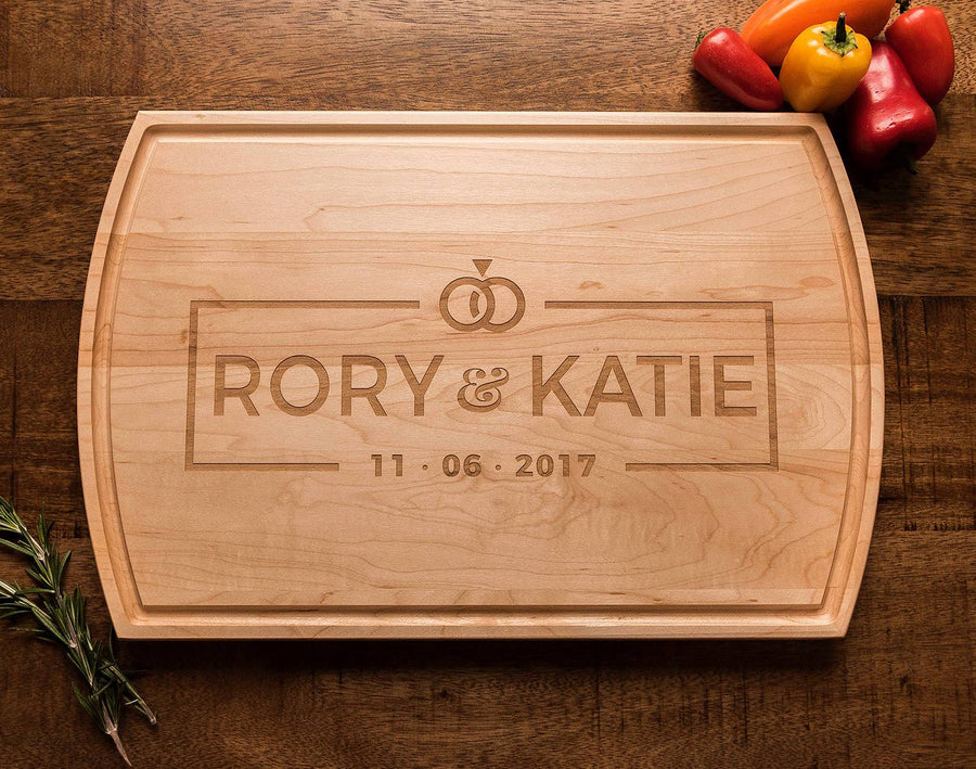 Personalized engraved wood cutting board wedding gift, modern, wedding rings logo Well Written Gifts