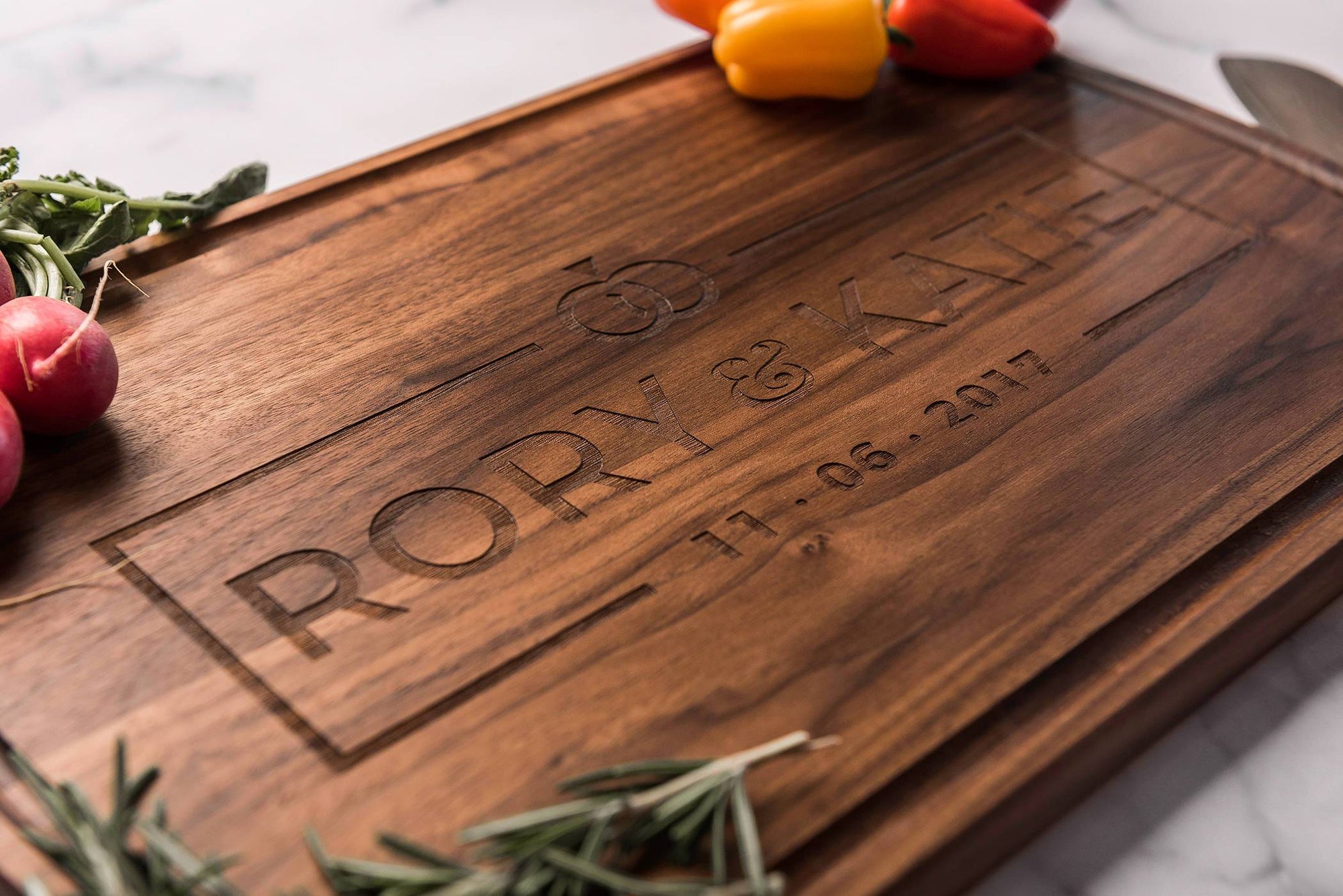 Personalized engraved wood cutting board wedding gift, modern, wedding rings logo Well Written Gifts