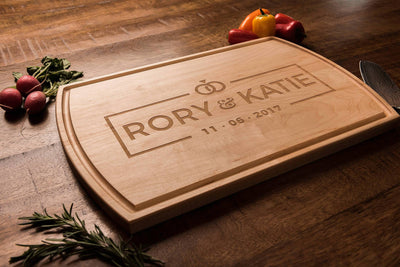 Personalized engraved wood cutting board wedding gift, modern, wedding rings logo Well Written Gifts