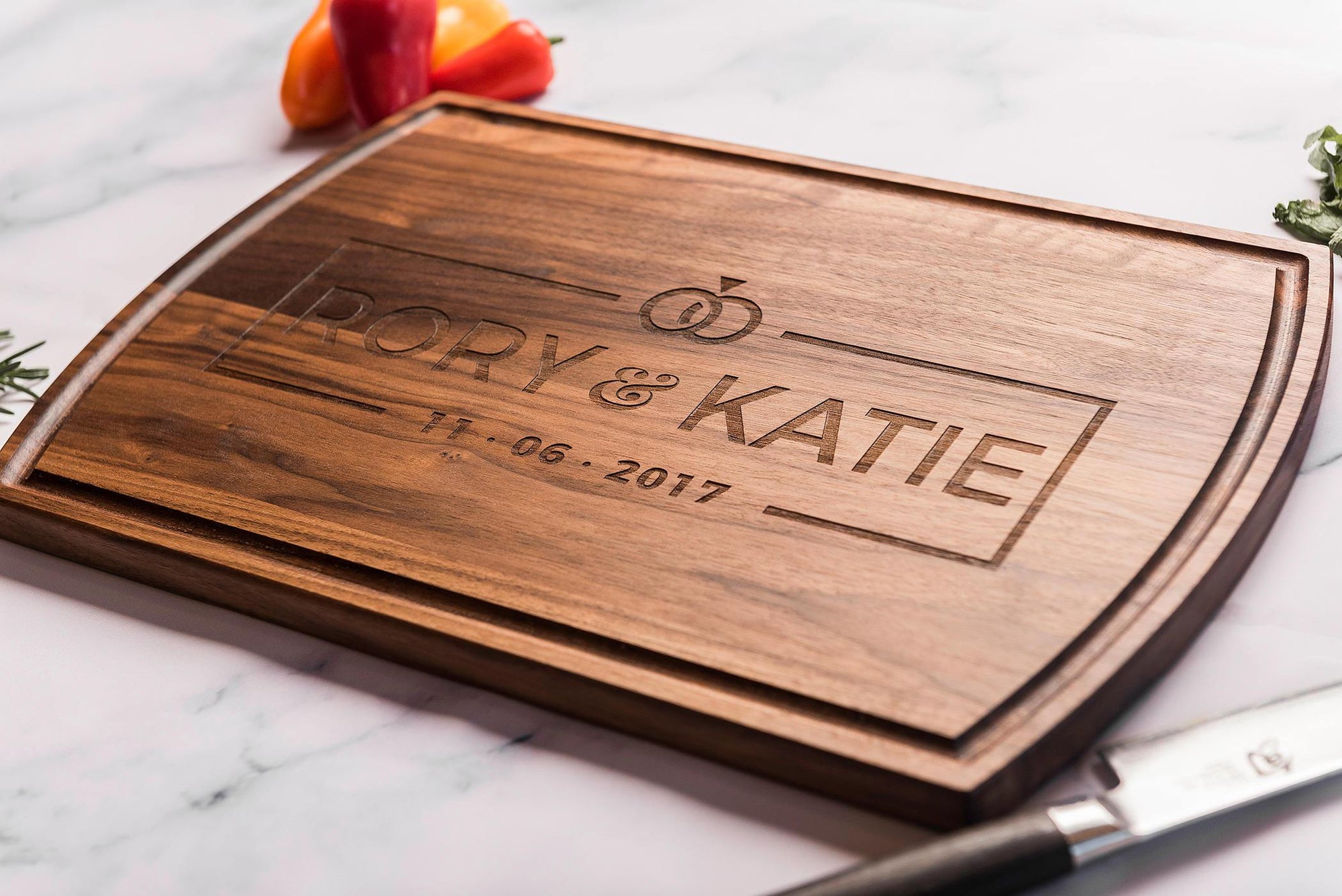Personalized engraved wood cutting board wedding gift, modern, wedding rings logo Well Written Gifts