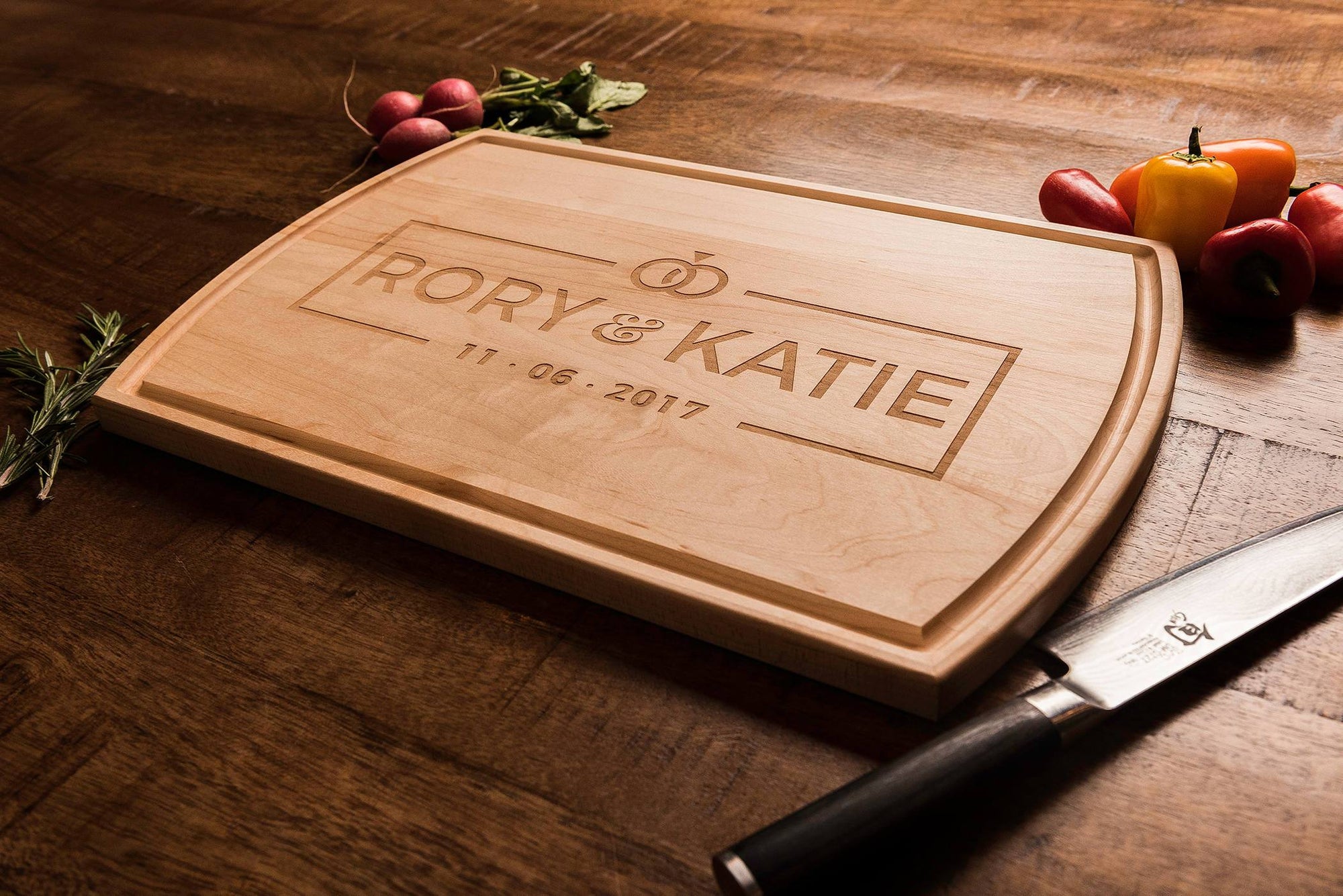 Personalized engraved wood cutting board wedding gift, modern, wedding rings logo Well Written Gifts