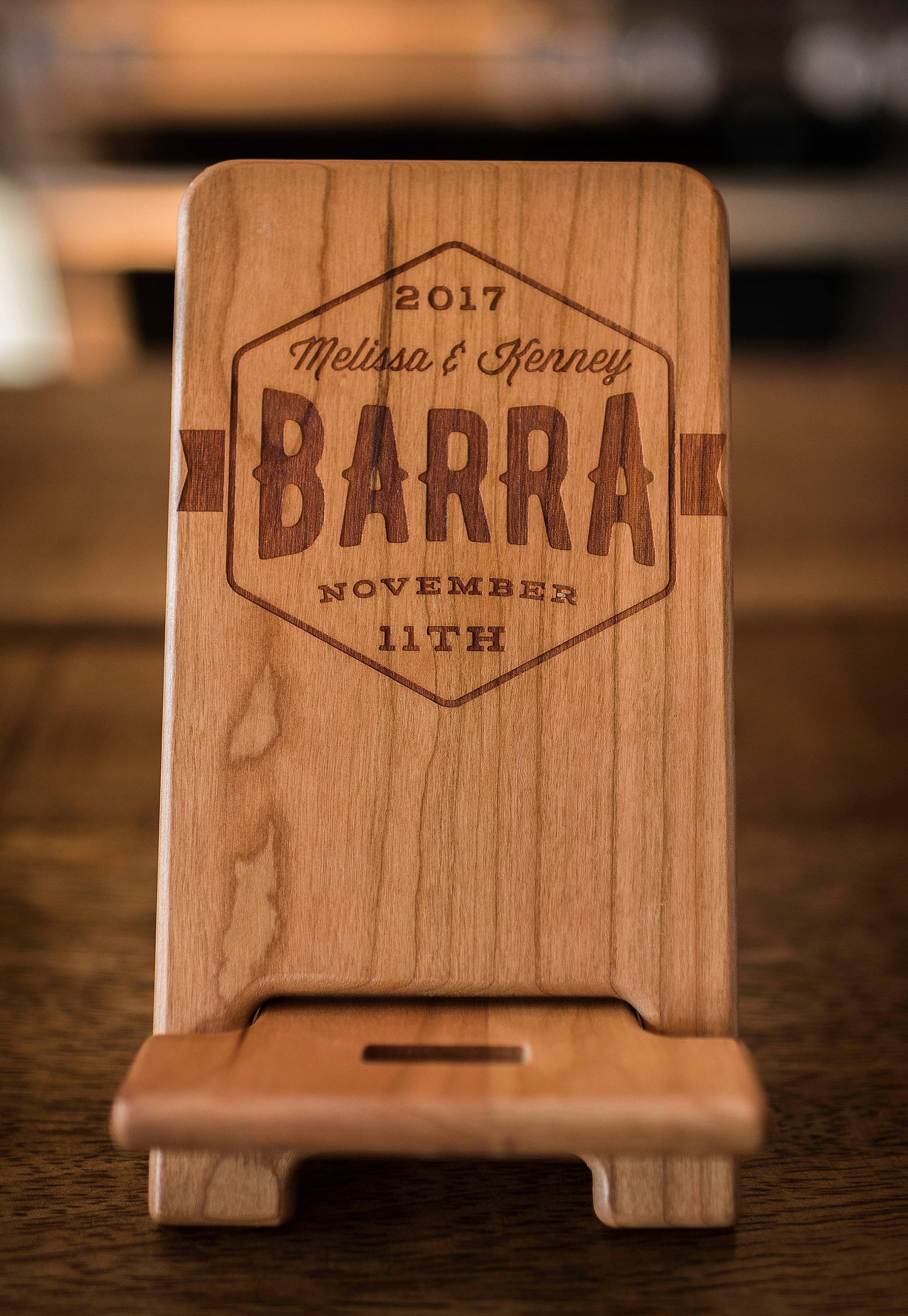 Personalized Engraved Wood Tablet Stand with your Custom Design by Well Written Gifts