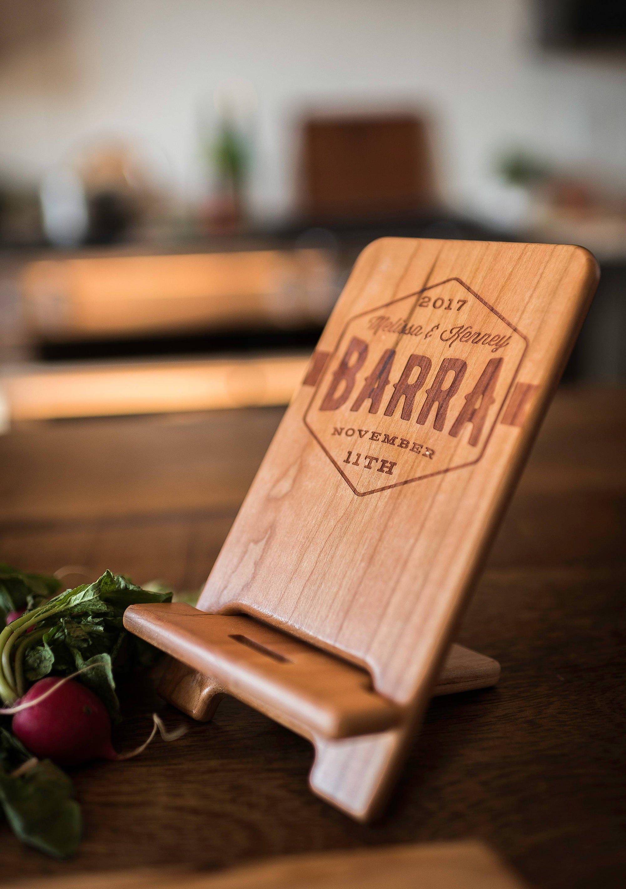 Personalized Engraved Wood Tablet Stand with your Custom Design by Well Written Gifts