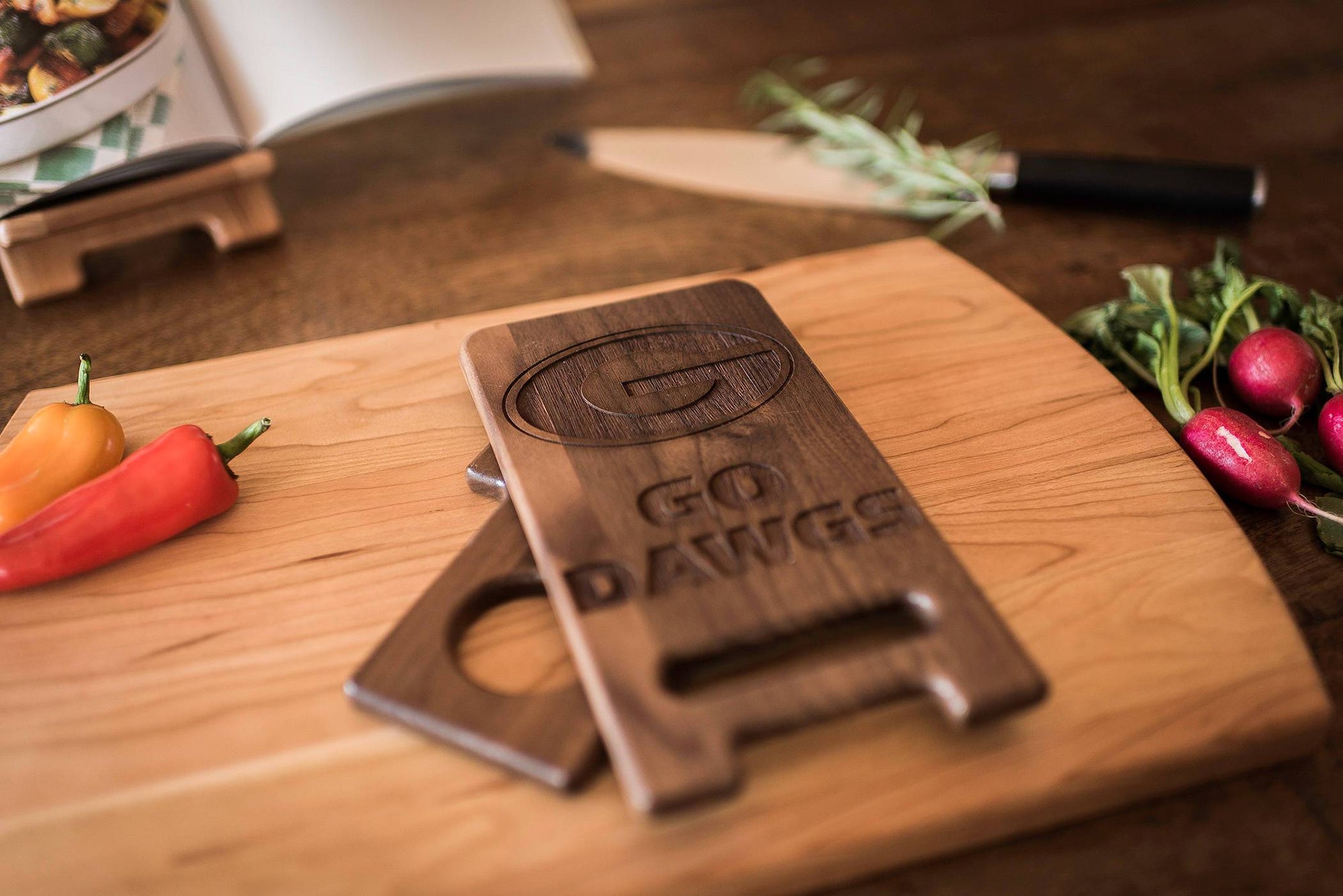 Personalized Engraved Wood Tablet Stand folds flat for storage by Well Written Gifts