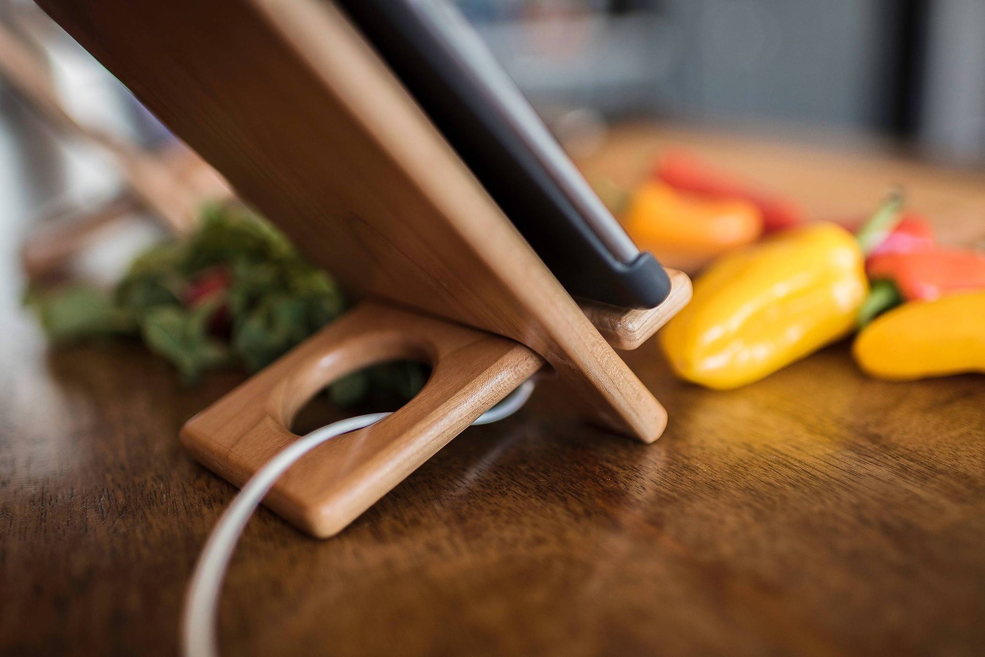 Monogrammed iphone iPad Cookbook stand accommodates charging cord by Well Written Gifts