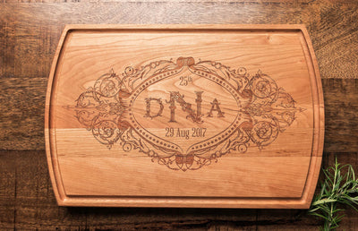 Custom Engraved Cutting Board with Couple's Monogram and Wedding Date by Well Written Gifts