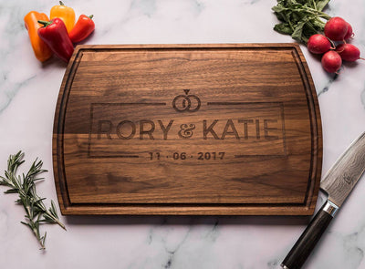 Personalized engraved wood cutting board wedding gift, modern, wedding rings logo Well Written Gifts