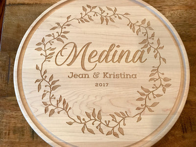 Gorgeous Round Personalized Cutting Board in Maple Engraved with Names & Date by Well Written Gifts