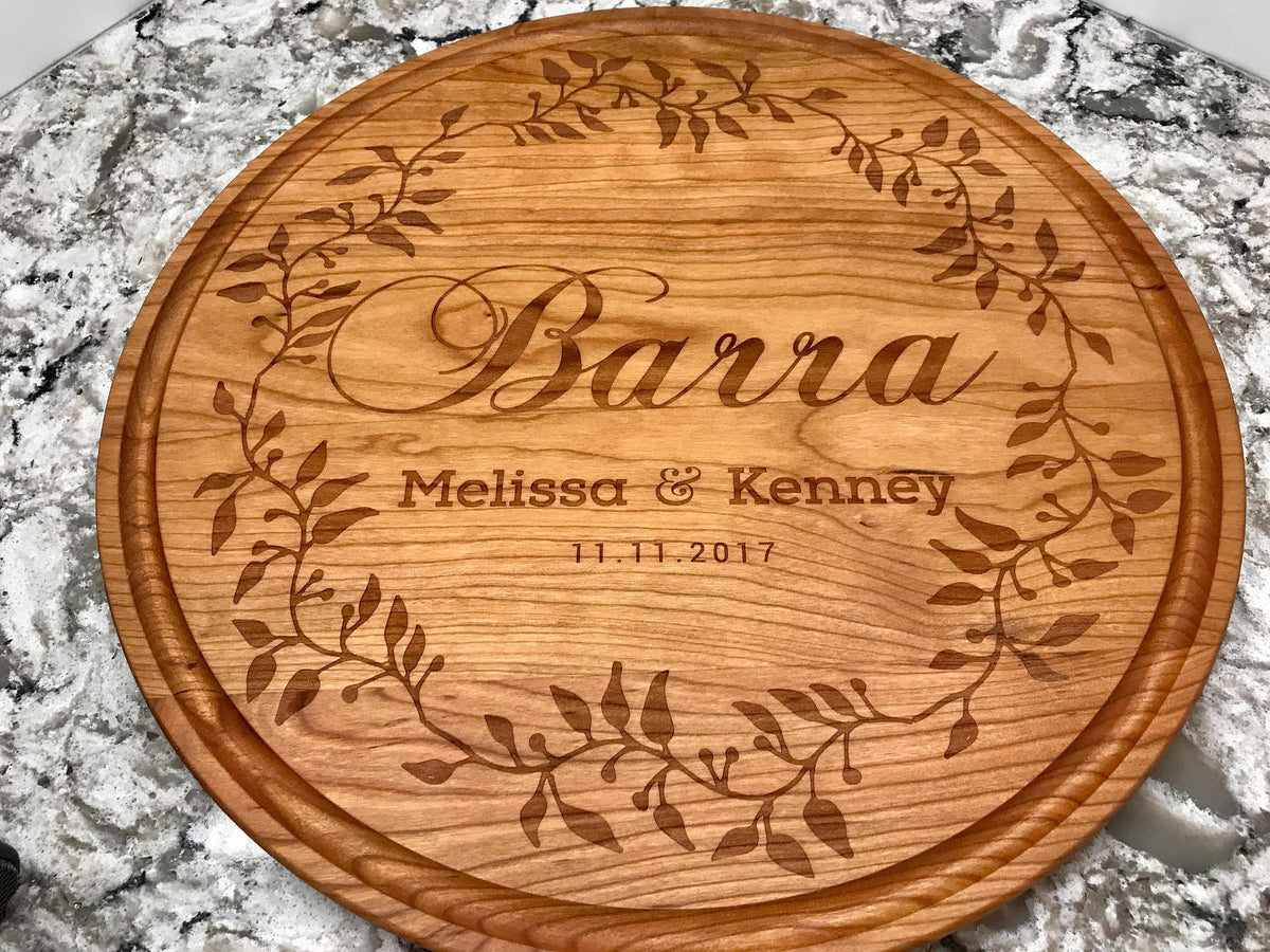 Engraved Round Wood Cutting Board Personalized Wedding Gift for Couple