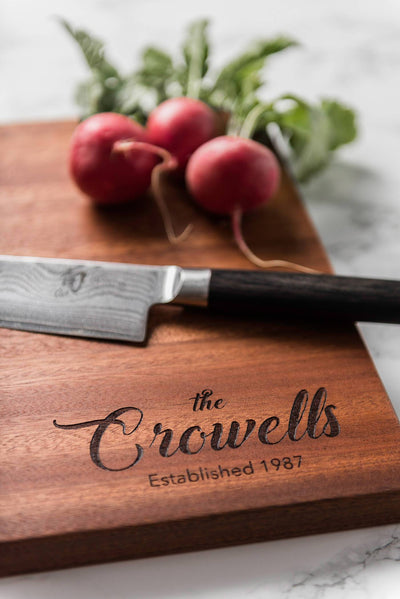 Personalized engraved premium wood cutting board in Sapele by Well Written Gifts