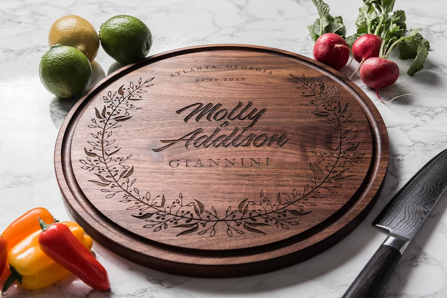 Round Personalized Wood Cutting Board with Names, Date and City State - by Well Written Gifts