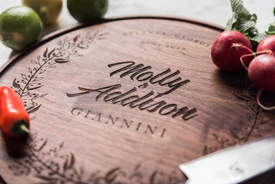 Beautiful Personalized Wedding Gift for Couple, Round Walnut Cutting Board by Well Written Gifts