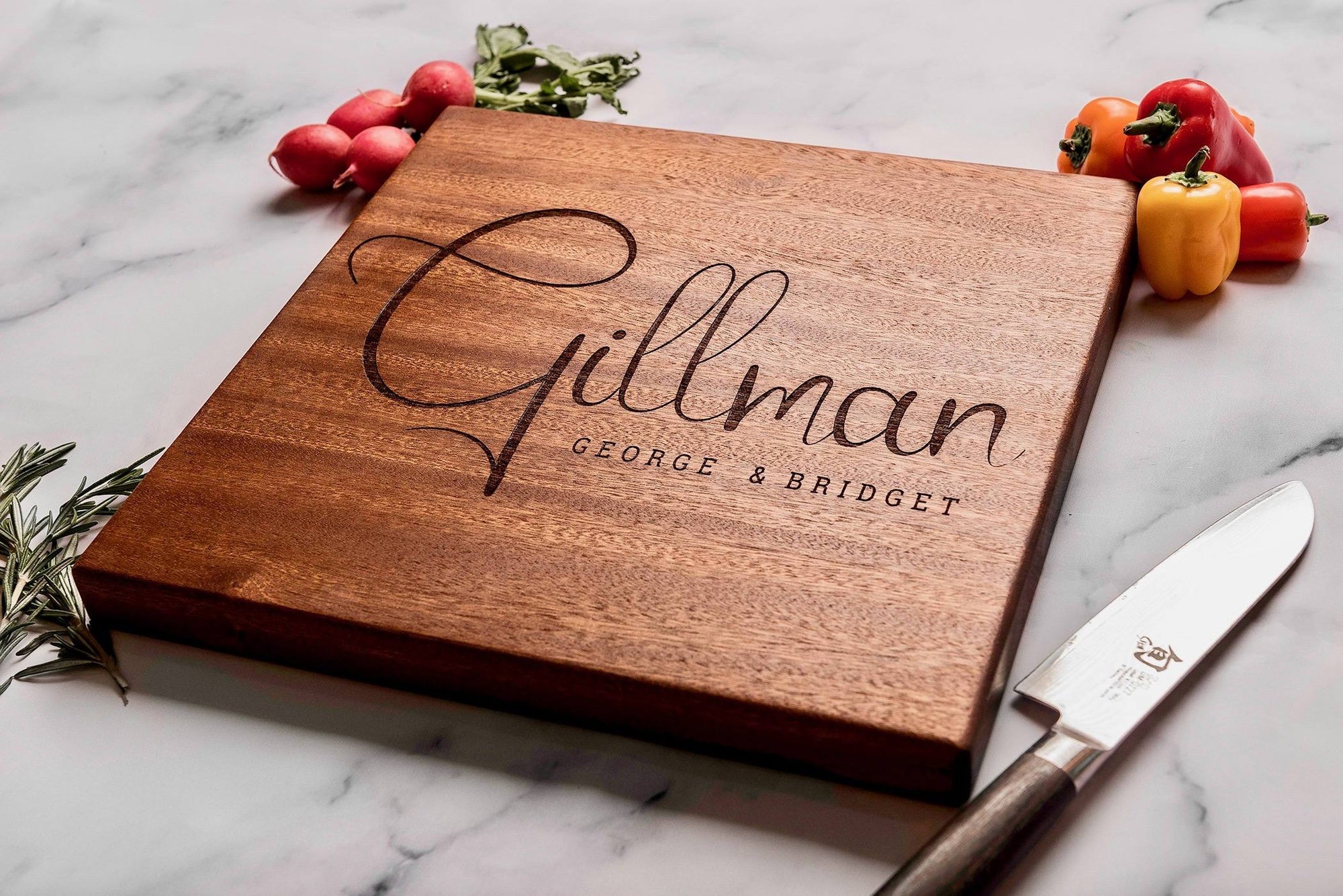 Custom Engraved Personalized Wood Cutting Board in Sapele from Well Written Gifts