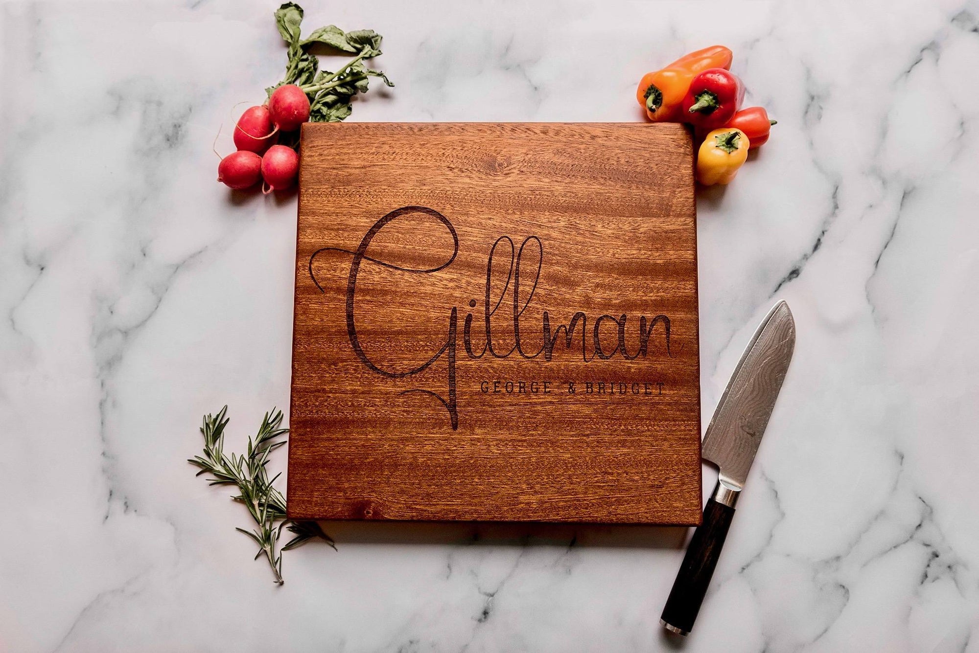 Custom Engraved Personalized Wood Cutting Board in Sapele from Well Written Gifts