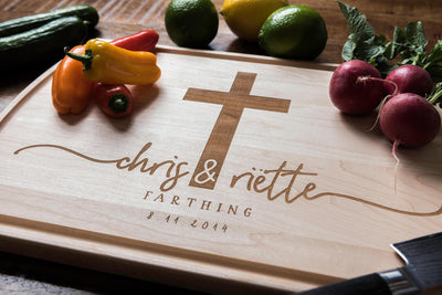 Personalized Cutting Board with Cross, Custom Christian Wedding Gift by Well Written Gifts