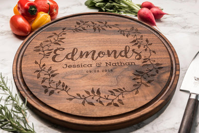 Gorgeous Round Personalized Cutting Board in Walnut Engraved with Names & Date by Well Written Gifts