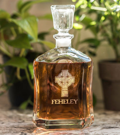 Personalized Whiskey Decanter Set, Engraved Celtic Cross Decanter 12 oz. Rocks Glass Set, Custom Wedding Gift, Groomsmen Gifts, Father&#39;s Day