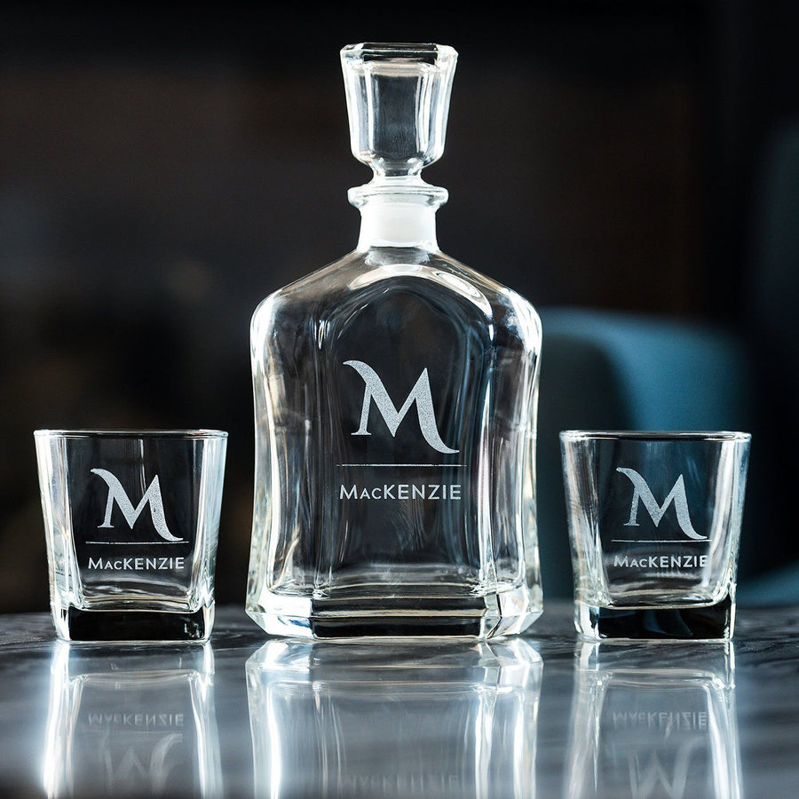 Personalized Whiskey Decanter Set, Engraved Monogram Decanter 12 oz. Rocks Glass Set, Monogrammed Custom Wedding Gift, Groomsmen Gifts