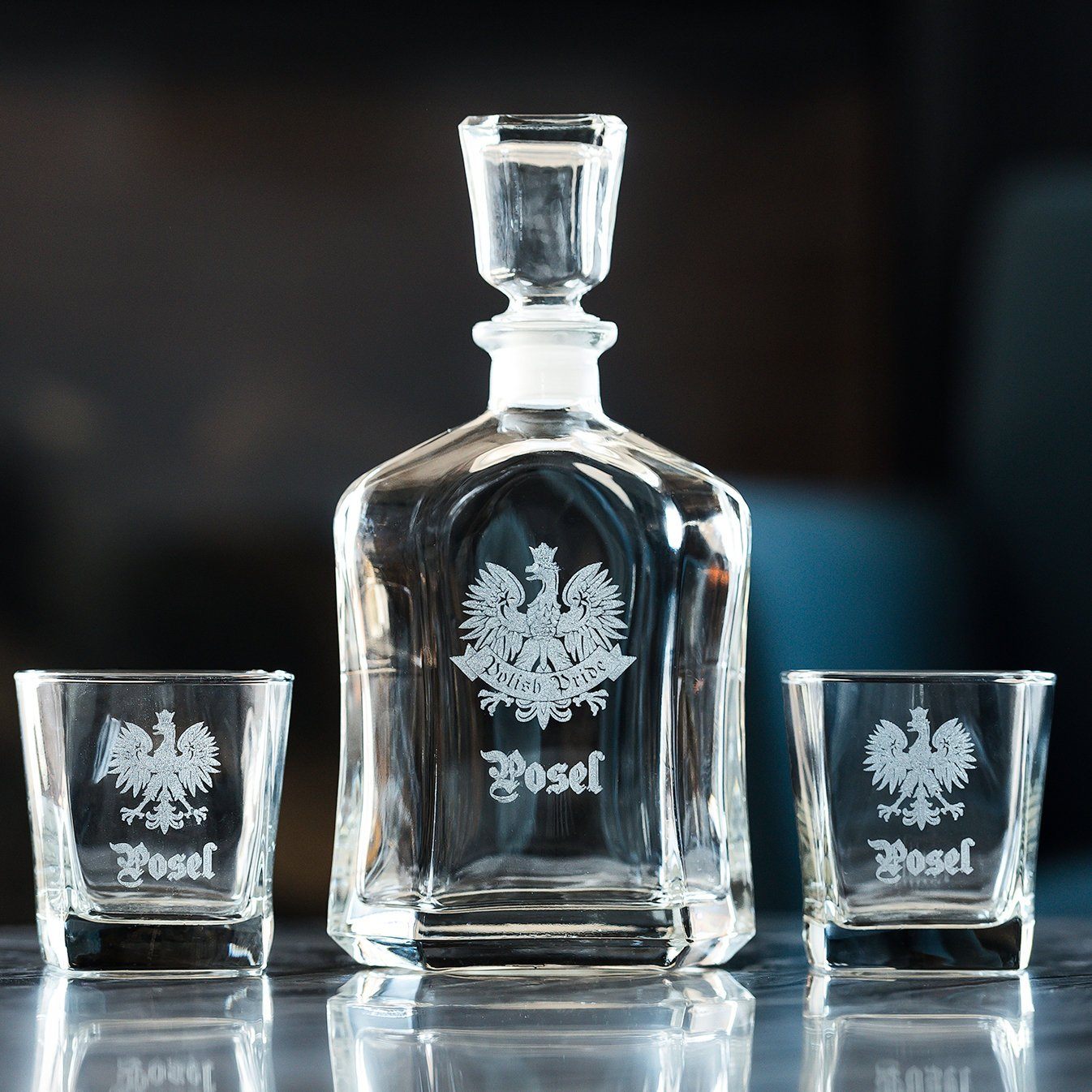 Crystal Whiskey Decanter with Engraved Rocks Glasses
