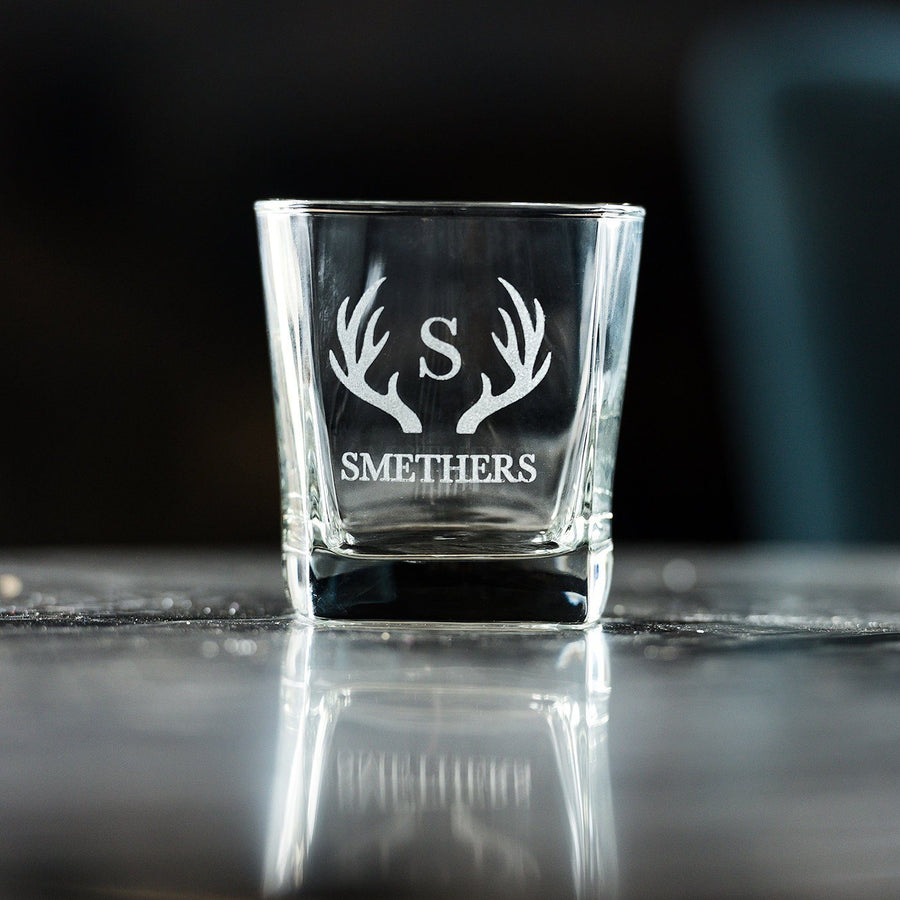Personalized 12 oz. Antler Whiskey Glasses, Engraved Antler Whiskey Glass Set, Custom Monogrammed Wedding Gift, Birthday Gift, Hunter, Buck