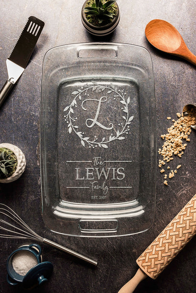 Engraved Casserole Dish, Personalized Baking Dish with Lid, Shower Gift for Her, Monogrammed Gift for Family, 3rd Anniversary Gift for Cook