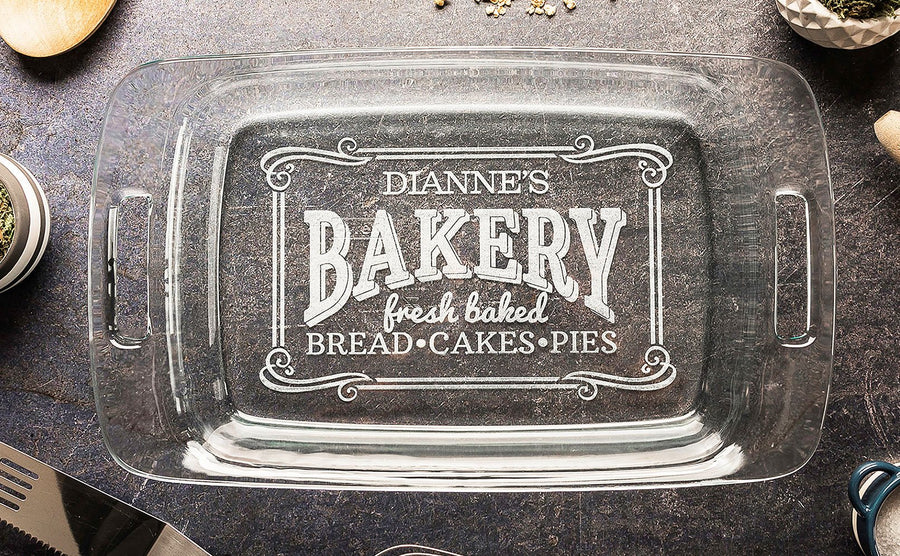 Personalized Baking Dish with Lid, Engraved Casserole Dish, Wedding Shower Gift for Her, 3rd anniversary Gift for Cook, Bakery Logo