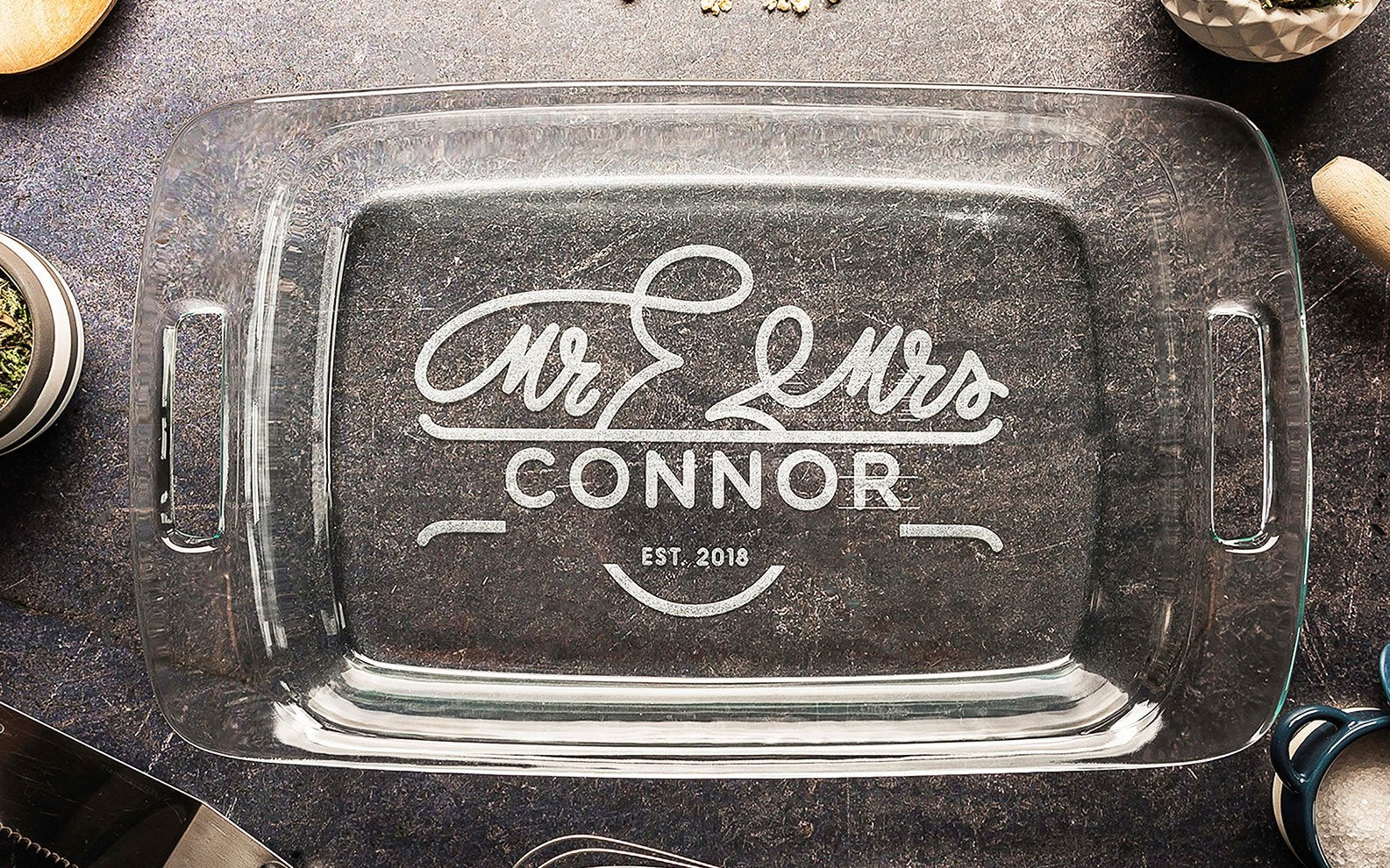 Engraved Casserole Dish, Personalized Baking Dish with Lid, Wedding Shower Gift for Her, 3rd anniversary Gift for Cook, Mr. and Mrs.