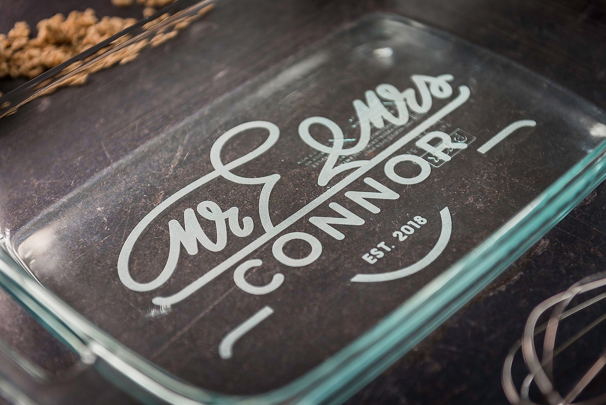 Engraved Casserole Dish, Personalized Baking Dish with Lid, Wedding Shower Gift for Her, 3rd anniversary Gift for Cook, Mr. and Mrs.