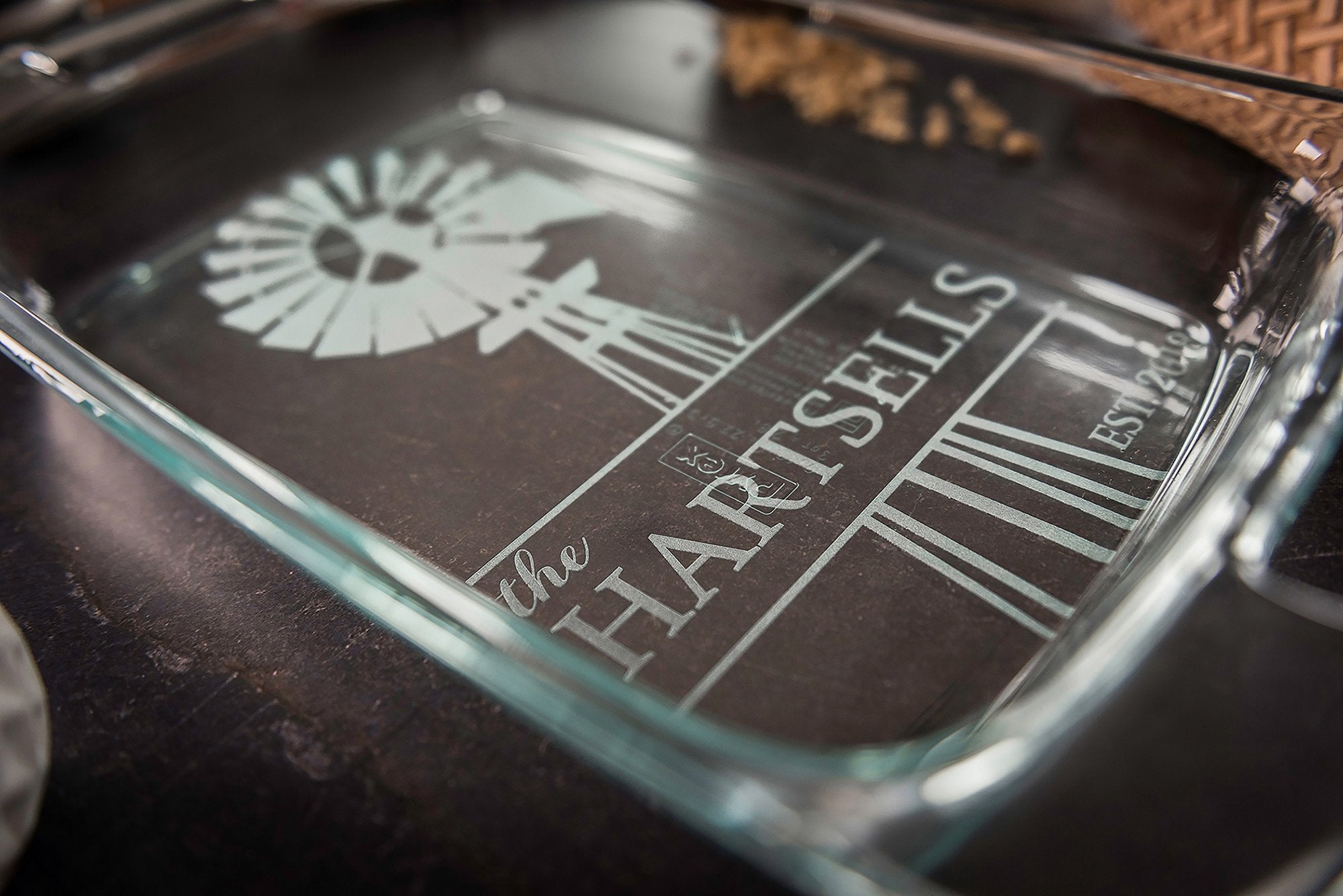 Personalized Baking Dish with Lid, Engraved Casserole Dish, Shower Gift for Her, 3rd Anniversary Gift for Cook, Windmill Farmhouse Decor