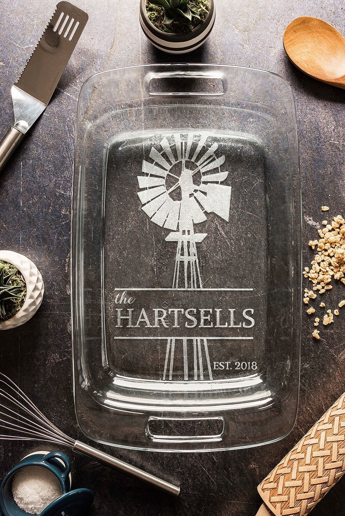 Personalized Baking Dish with Lid, Engraved Casserole Dish, Shower Gift for Her, 3rd Anniversary Gift for Cook, Windmill Farmhouse Decor