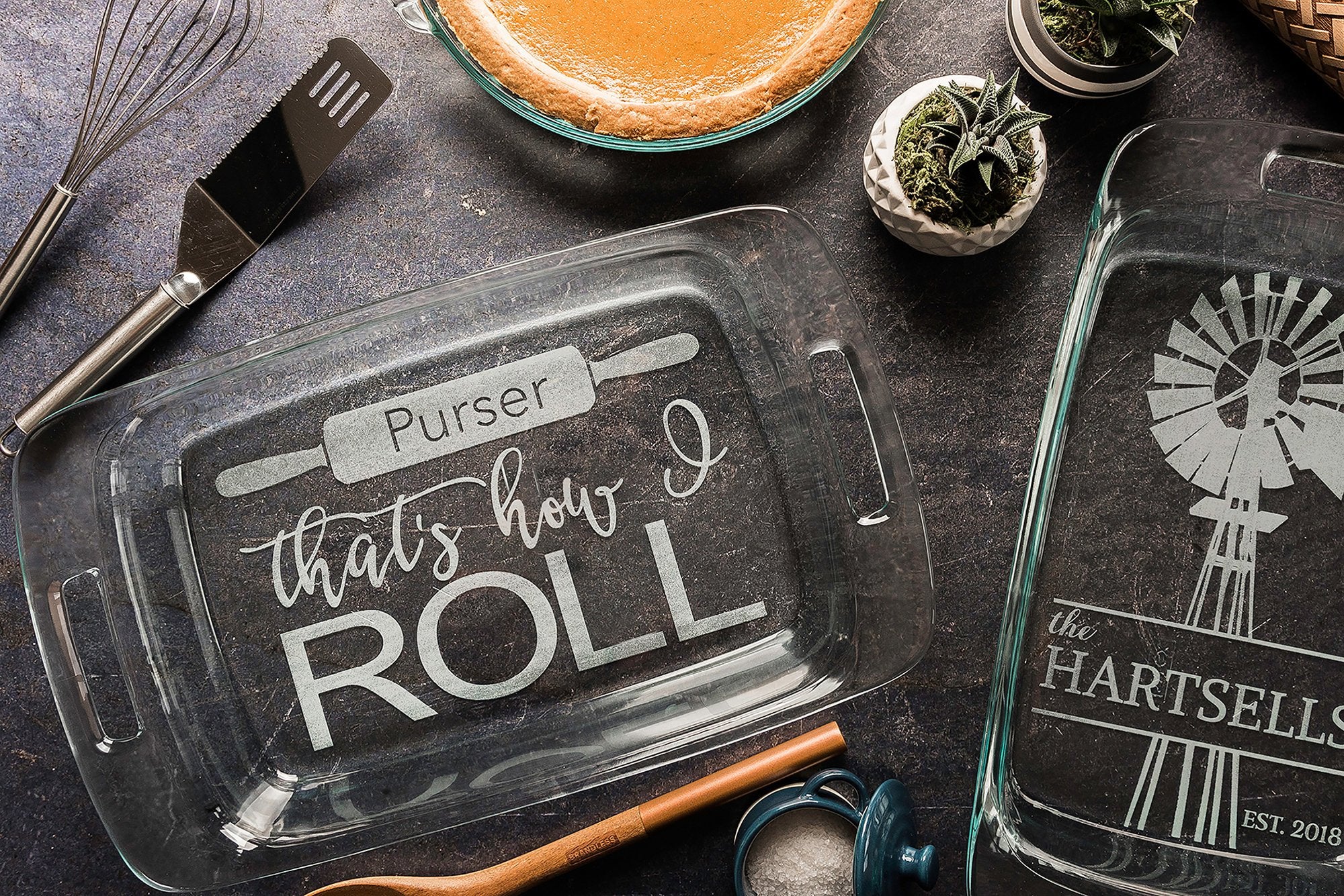 Personalized Baking Dish with Lid, Engraved Casserole Dish, Shower Gift for Her, 3rd Anniversary Gift for Cook, Windmill Farmhouse Decor