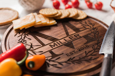 Engraved Round Wood Cutting Board with Monogram and Olive Leaf Wreath