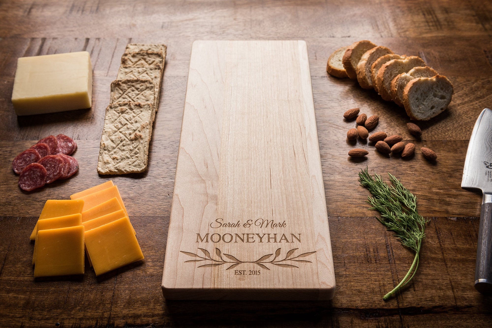 Personalized Wood Cheese Board with Leaves | Unique Baguette Board - MNHN