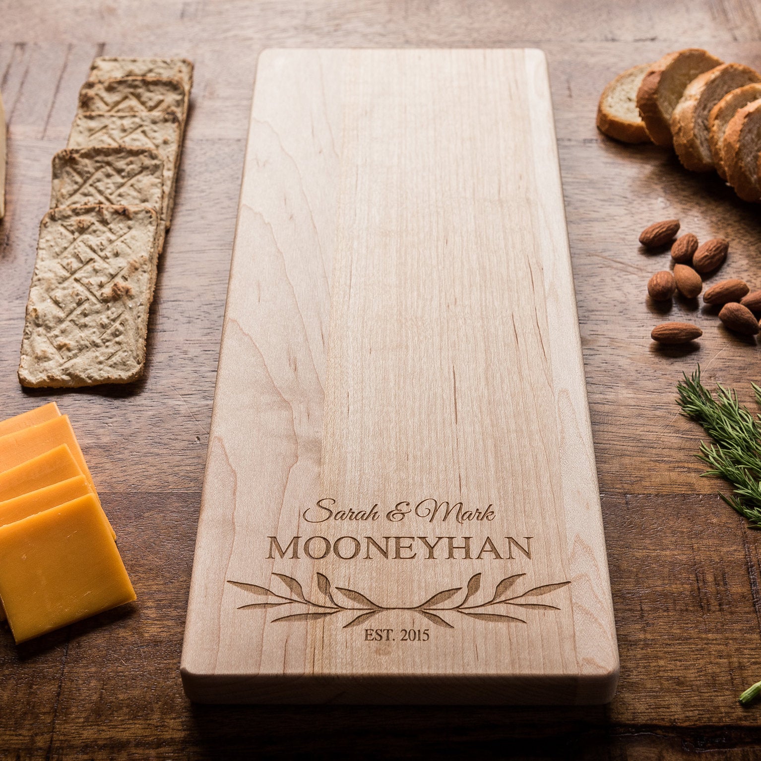Personalized Wood Cheese Board with Leaves | Unique Baguette Board - MNHN