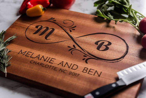 Personalized Engraved Wood Charcuterie Board W/ Names & Twined Hearts